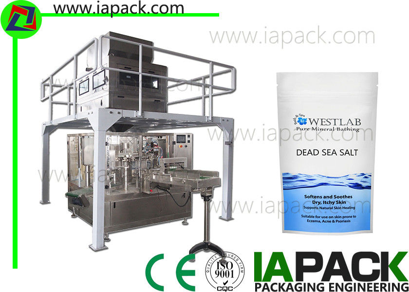 Máquina de embalaje Doypack de 1000 g de sal Granulado rotativo Pesado Llenado Sellado Máquina de envasado hasta 35 paquetes por minuto